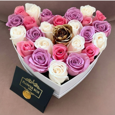 Heart Box Lovely 24 Rosas + Gold Rose